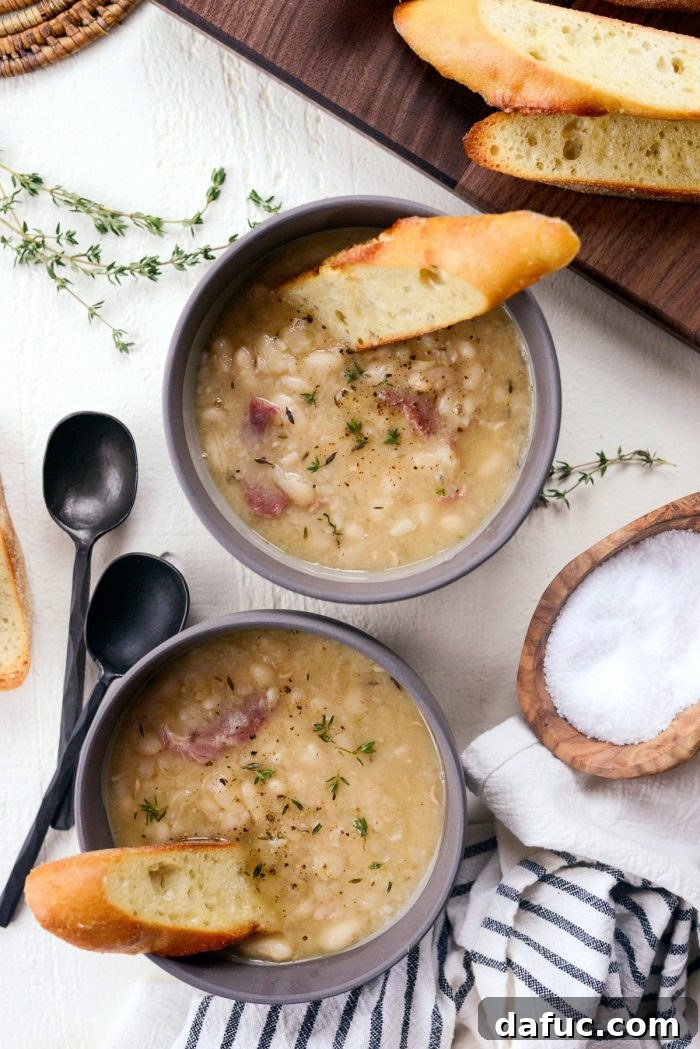 Hearty Ham and White Bean Soup 17 White Bean and Ham Soup garnished with fresh herbs, ready for a cozy meal.