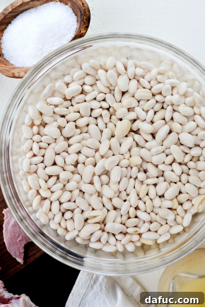 Hearty Ham and White Bean Soup 5 Dried great northern beans soaking in water, an essential first step for tender beans.