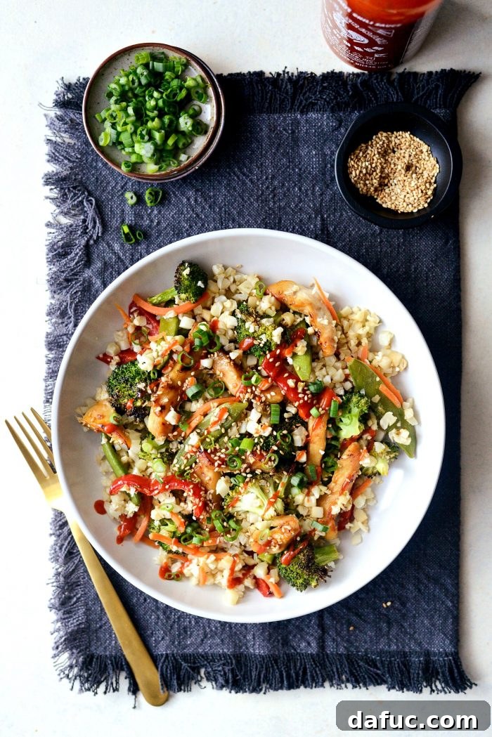 Sheet Pan Teriyaki Chicken and Cauliflower Rice - A healthy and easy one-pan dinner idea with chicken, vegetables, and low-carb cauliflower rice.