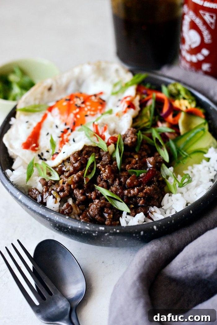 Bulgogi Power Bowls 3 Close-up of a Korean BBQ Beef Bowl showing the vibrant colors of the slaw and the rich beef