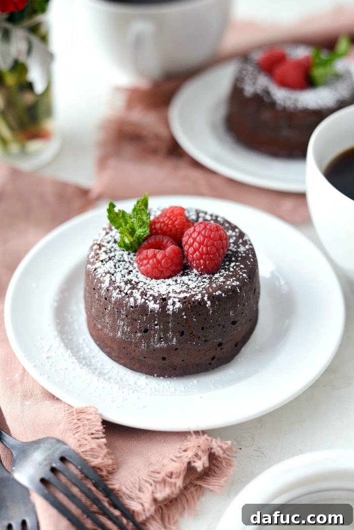 Two beautifully garnished Molten Chocolate Lava Cakes, ready to be served as a special dessert for two