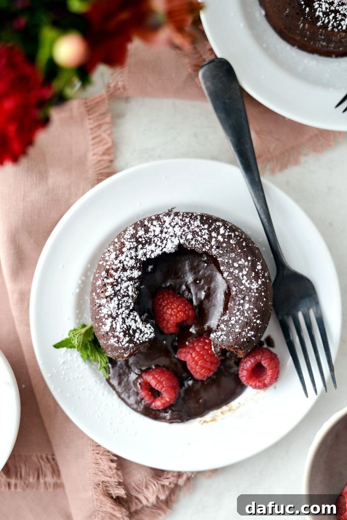 Finished Molten Chocolate Lava Cakes, a perfect dessert for two to enjoy on Valentine's Day or any special moment