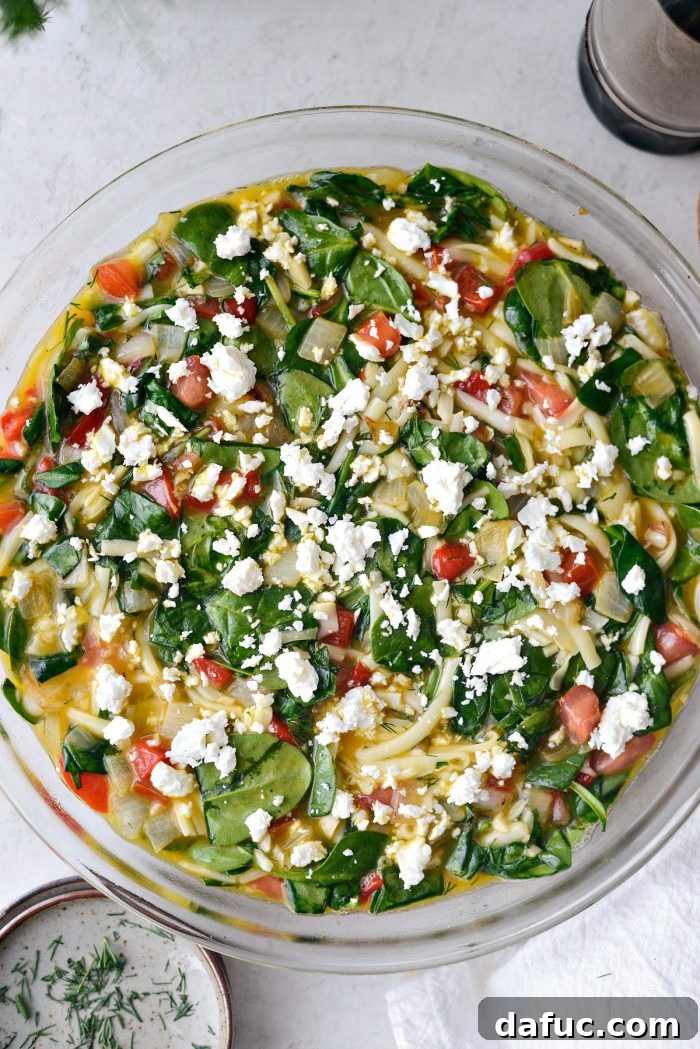 Egg mixture poured into a pie dish, ready for baking.