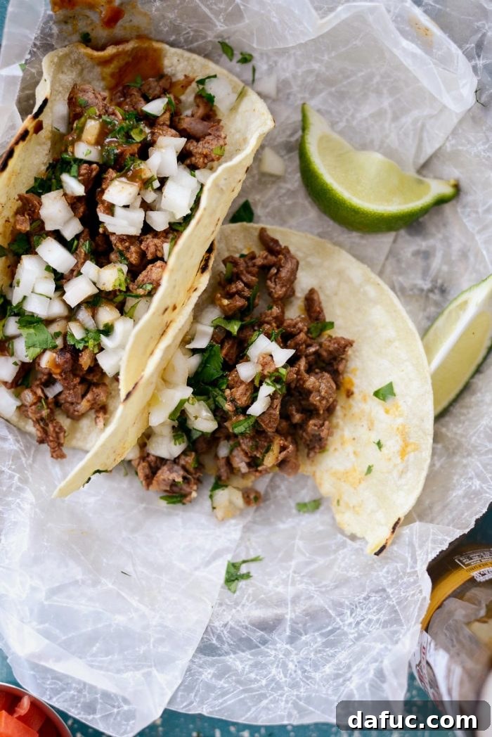 A final close-up image of Easy Beef Street Tacos, emphasizing their delicious appeal. SimplyScratch.com recipe.