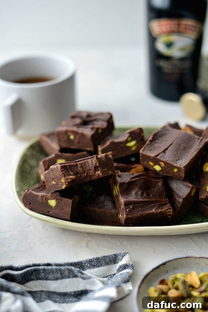 Final plated Baileys Chocolate Pistachio Fudge, ready to be enjoyed.