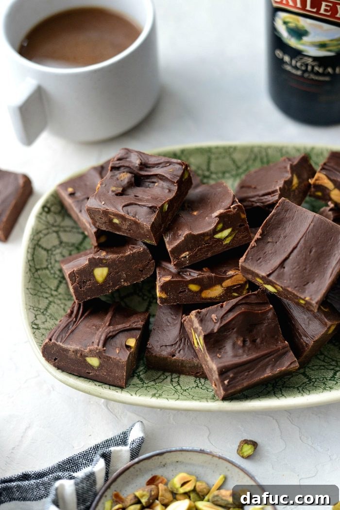 Close-up of Baileys Chocolate Pistachio Fudge, showcasing its rich texture and green pistachios.