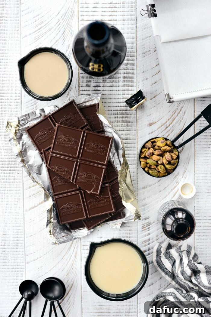 Freshly made Baileys Chocolate Pistachio Fudge, un-cut, ready to chill.