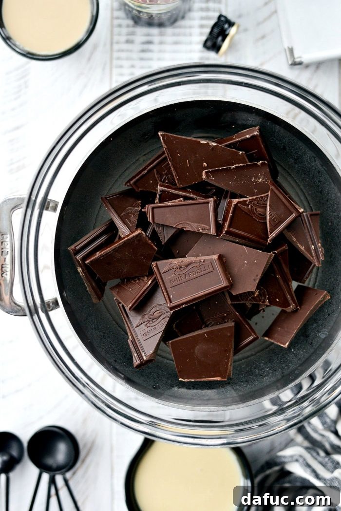 Ingredients for Baileys Chocolate Pistachio Fudge laid out, including semi-sweet chocolate, condensed milk, Baileys, vanilla, and pistachios.
