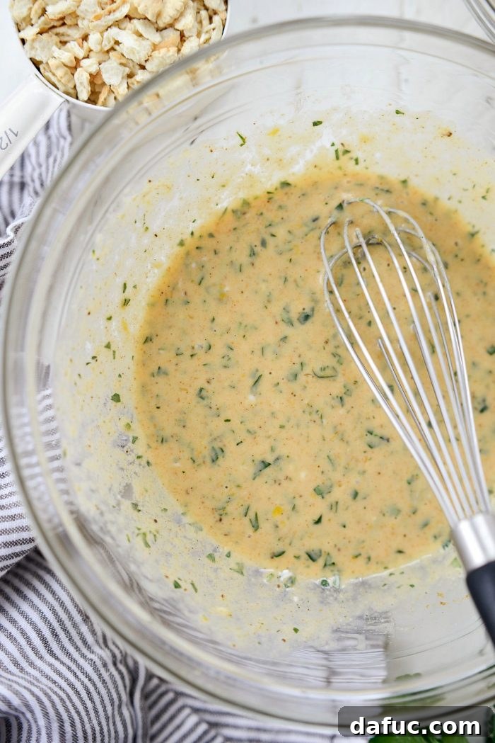 Golden Baked Maryland Crab Delights 10 The blended wet ingredients for the crab cakes, aromatic and ready for crab.