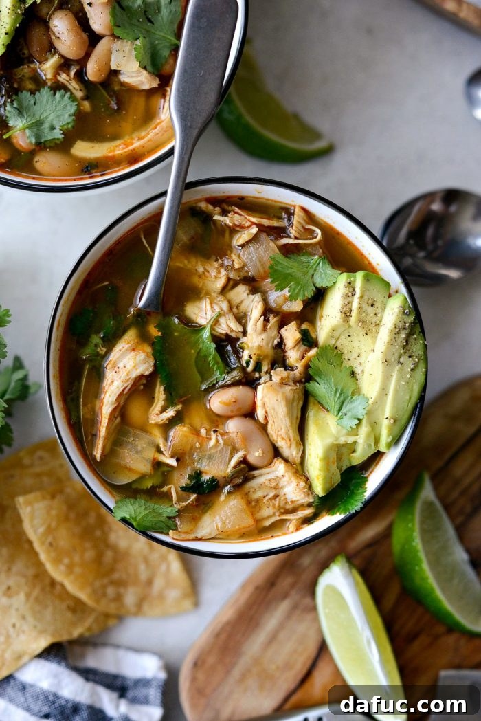 Hearty Poblano Chicken and White Bean Stew 2 Hearty White Bean Chicken Poblano Stew in a pot, ready to serve