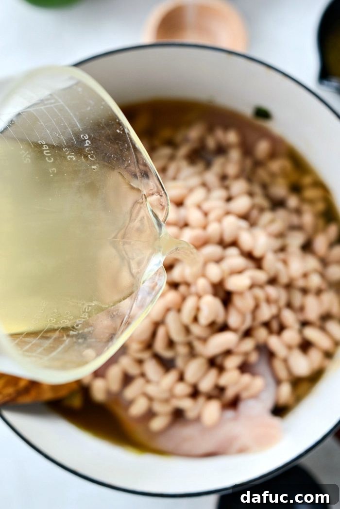 Hearty Poblano Chicken and White Bean Stew 12 Drained and rinsed white beans added to the pot
