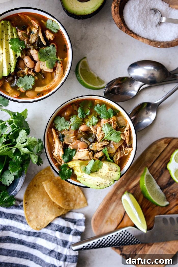 Hearty Poblano Chicken and White Bean Stew 18 White Bean Chicken Poblano Stew in a bowl, garnished with avocado and cilantro