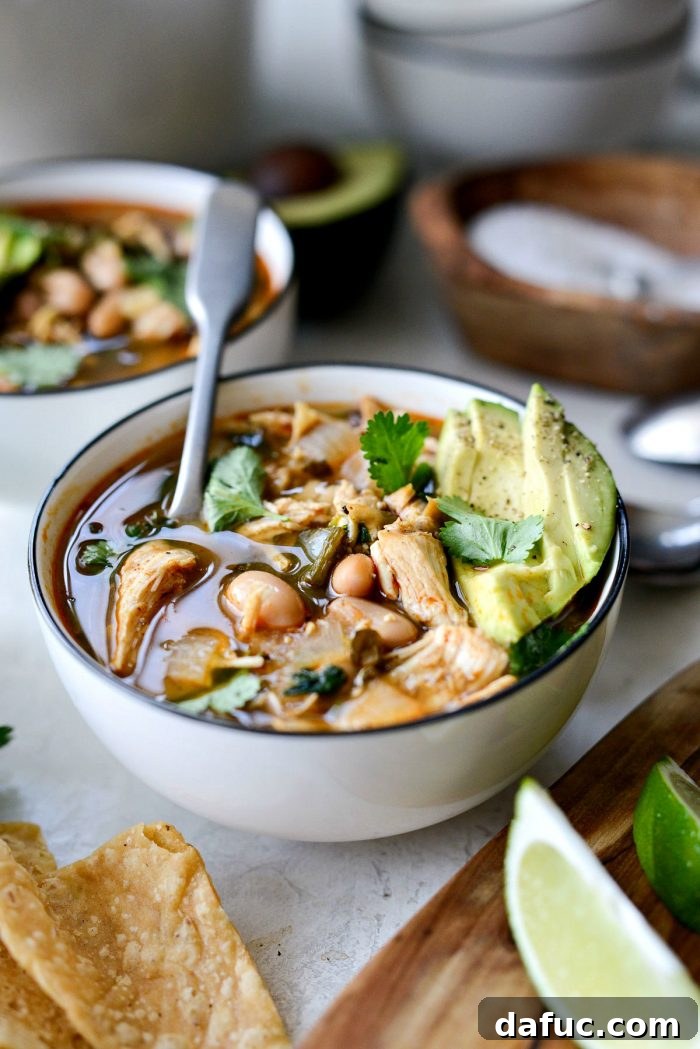 Hearty Poblano Chicken and White Bean Stew 3 Close-up of a serving of White Bean Chicken Poblano Stew, garnished with fresh cilantro