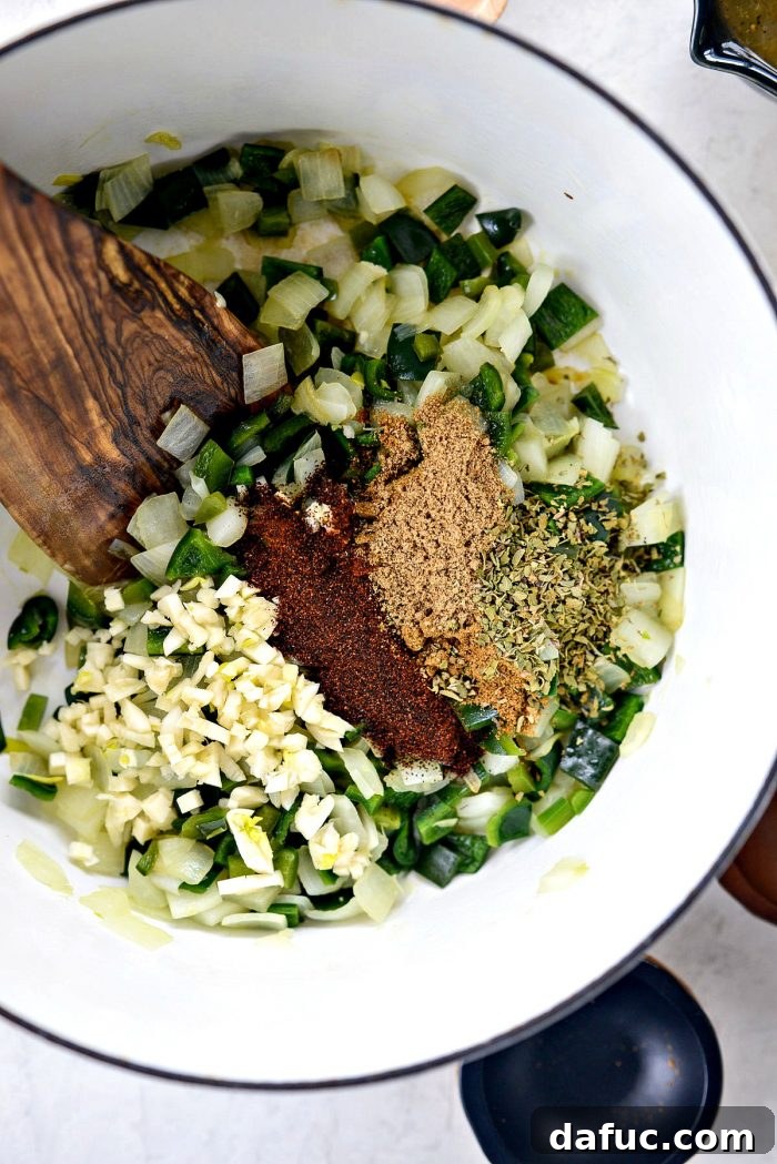 Hearty Poblano Chicken and White Bean Stew 8 Sautéing diced poblano peppers, onion, and jalapeño in a Dutch oven