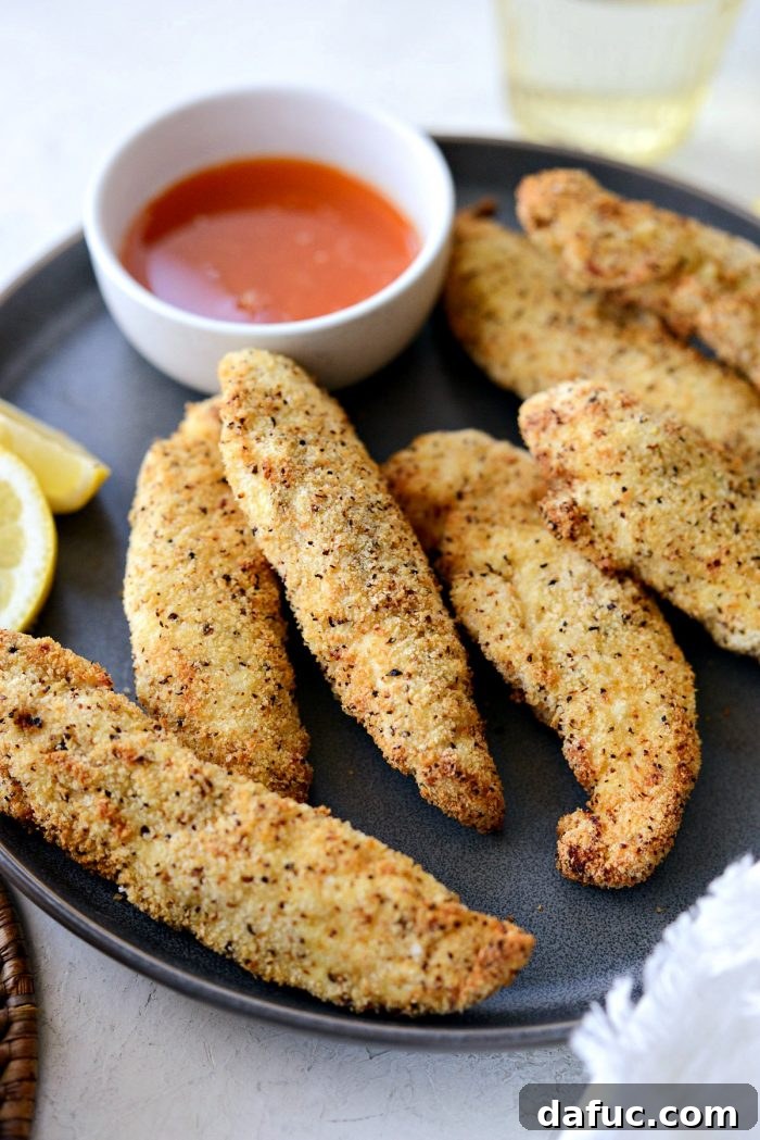 Closeup of Air Fryer Lemon Pepper Chicken Tenders