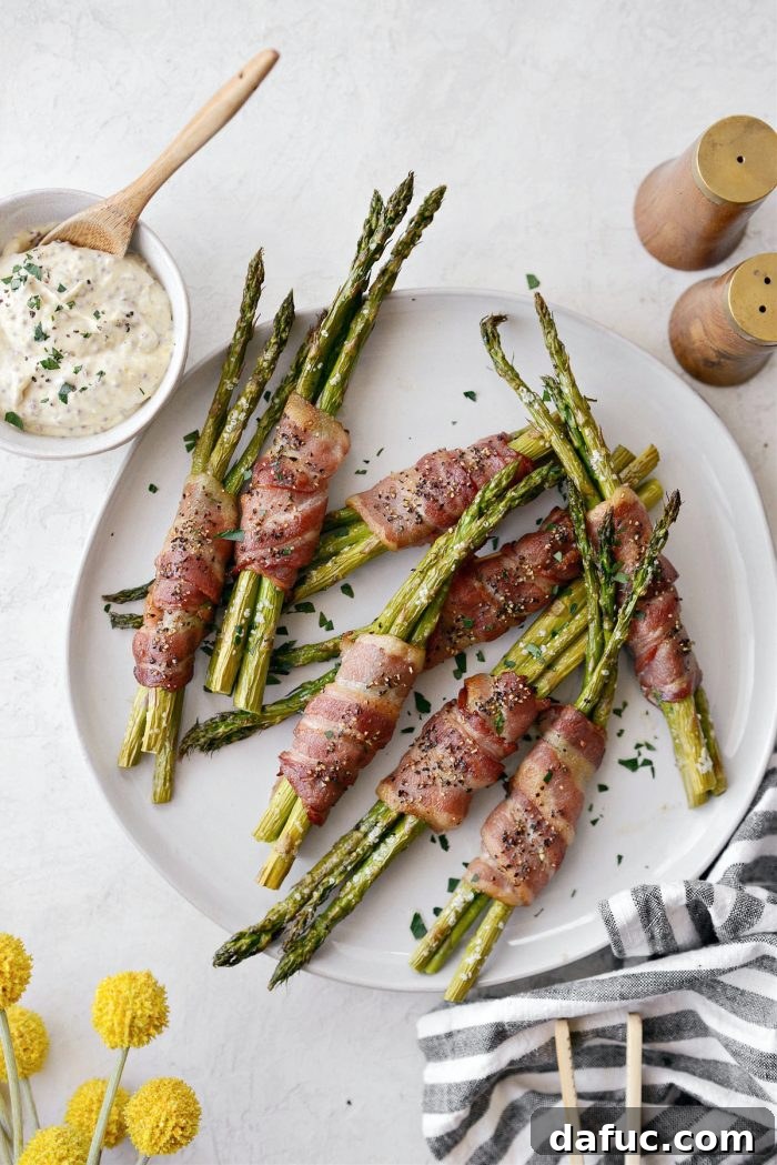 Crispy Bacon Asparagus Treats 11 Bacon Wrapped Asparagus Bundles served with creamy mustard dip