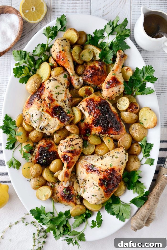 Perfectly golden-brown Buttermilk Roasted Chicken and crispy Yukon Gold potatoes on a baking sheet, ready to serve.