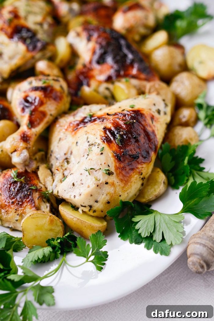A beautifully plated portion of Buttermilk Roasted Chicken Dinner, showcasing the moist chicken and crispy potatoes.
