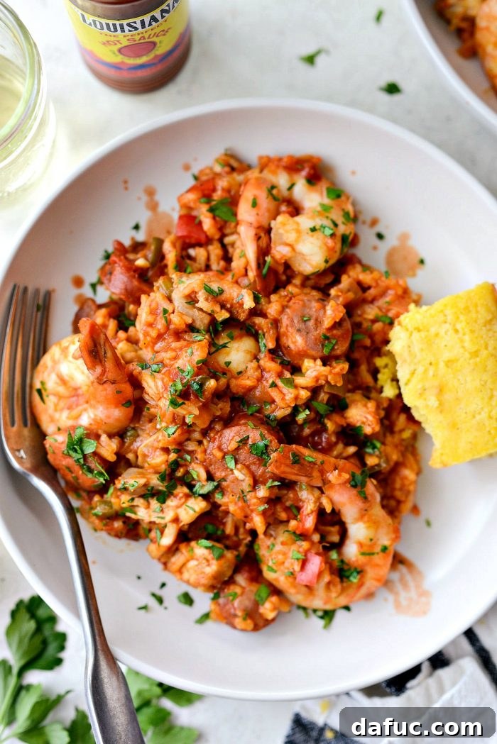 Effortless One Pot Jambalaya 2 One Pot Jambalaya Recipe with Shrimp, Andouille Sausage, and Chicken | SimplyScratch.com #skillet #shrimp #andouille #rice #creole #chicken #homemade