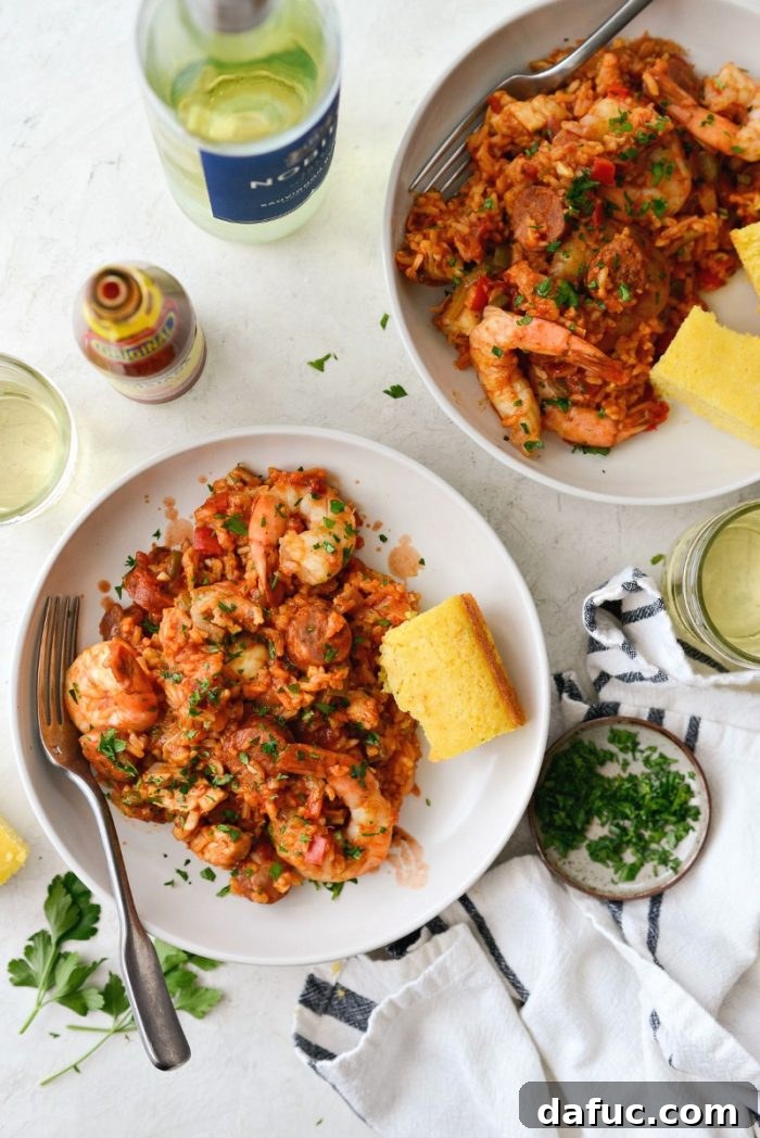 Effortless One Pot Jambalaya 26 Plated One Pot Jambalaya with shrimp, chicken, and sausage | SimplyScratch.com #skillet #shrimp #andouille #rice #creole #chicken #homemade