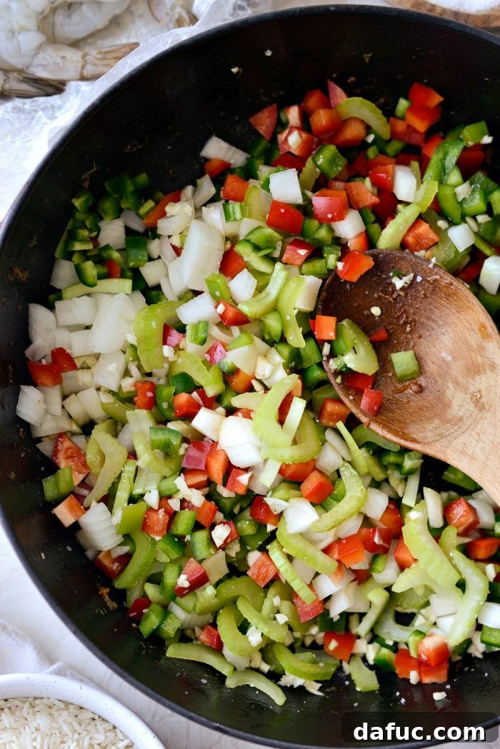 Effortless One-Pot Jambalaya 10 Diced vegetables coated in oil and sausage fat, ready to be slowly sautéed for maximum flavor in the One Pot Jambalaya.