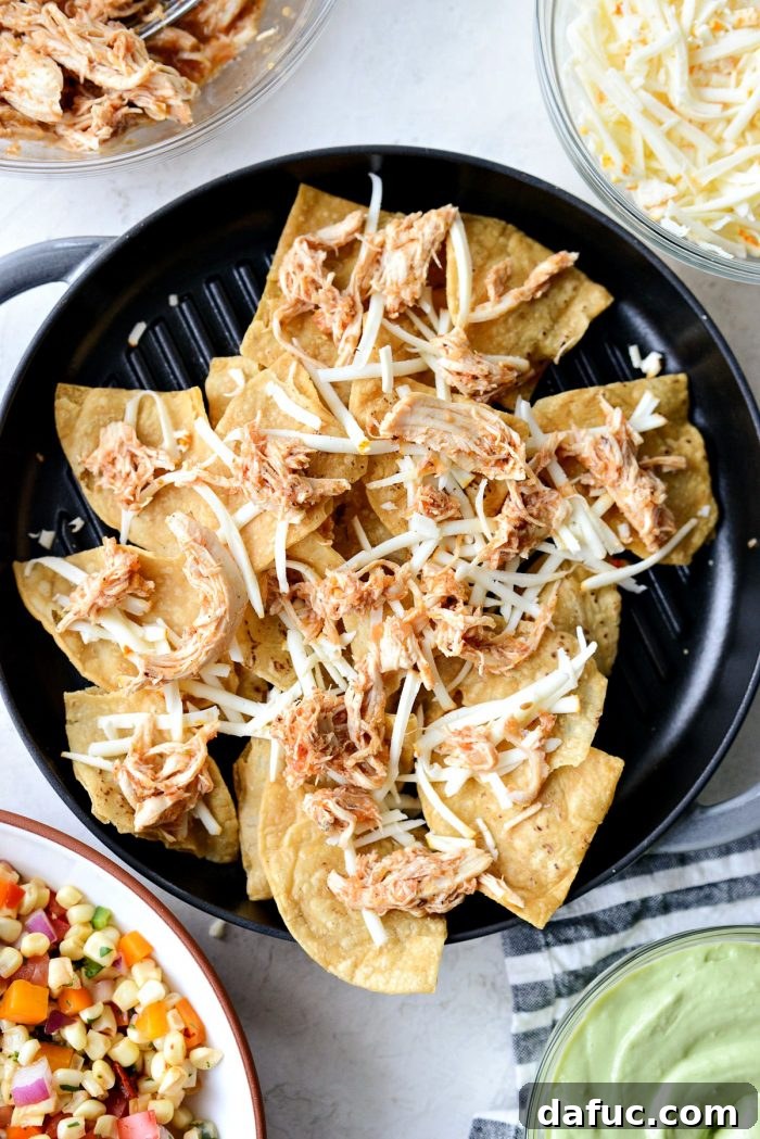 Golden Lava Chicken Nachos 5 Raw ingredients for Jacuzzi Chicken Nachos: a bowl of shredded Jacuzzi chicken, Muenster cheese, smoky chipotle corn salsa, and sturdy tortilla chips.
