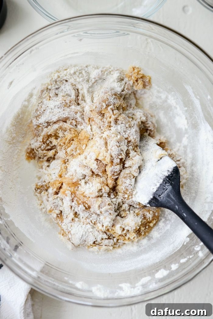 Dry ingredients (flour, salt, baking powder) added to the wet mixture.