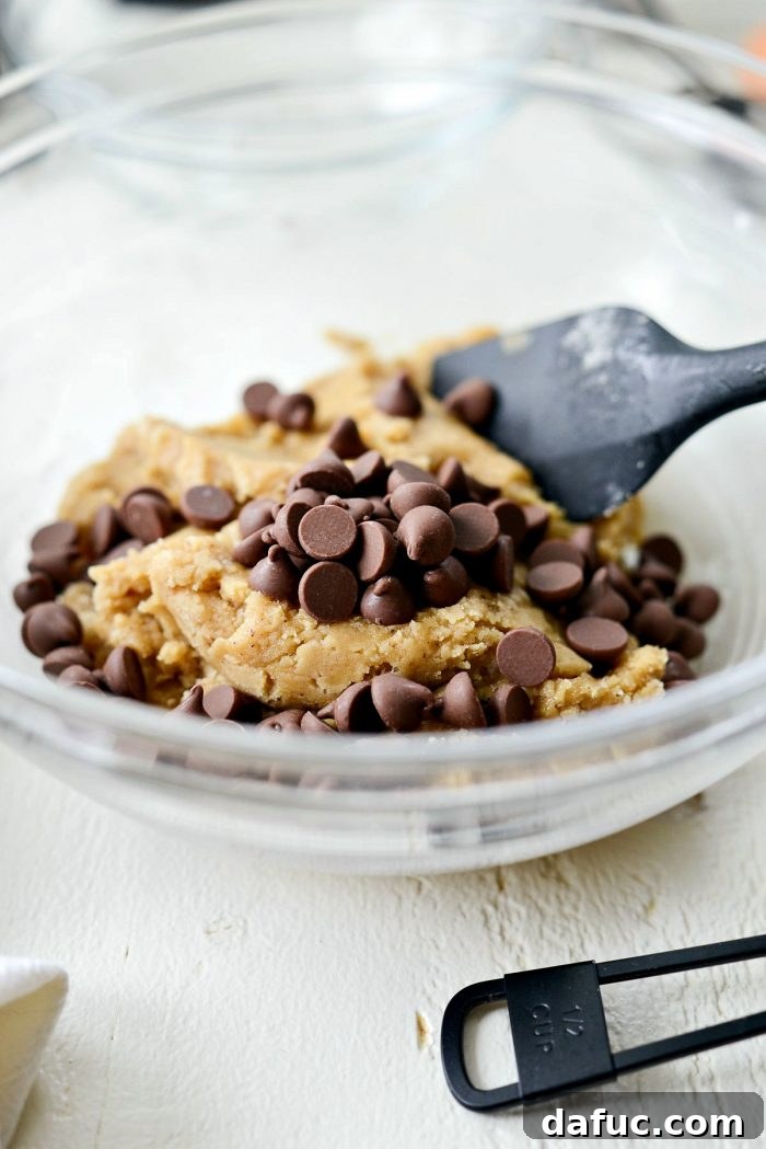 Golden Brown Butter Chocolate Chip Blondies 14 The blondie batter with milk chocolate chips folded in.