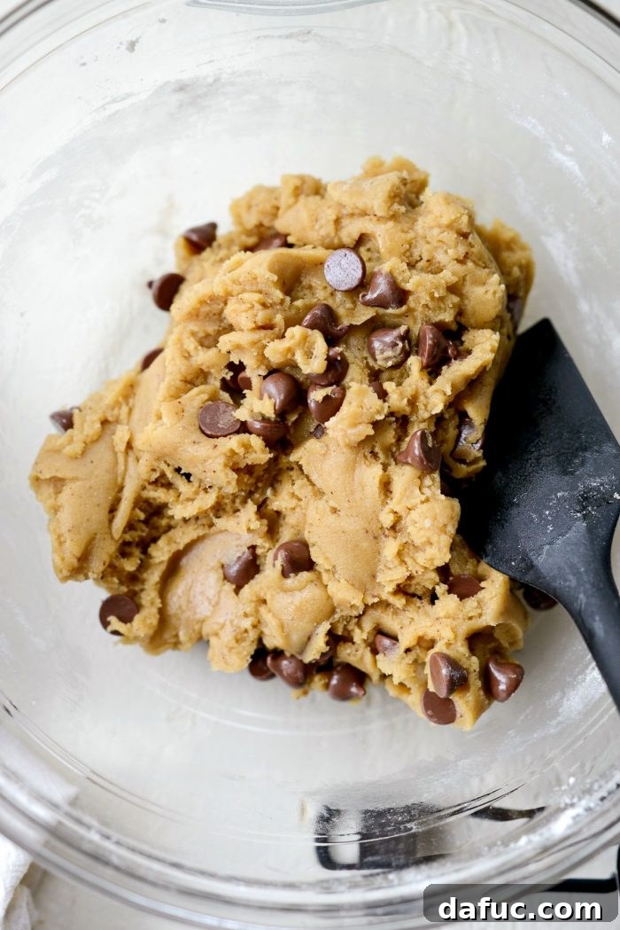Golden Brown Butter Chocolate Chip Blondies 15 Blondie batter showing perfectly distributed chocolate chips.