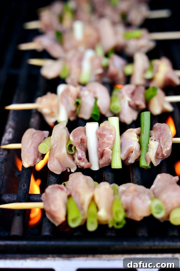 Raw chicken and green onion pieces threaded onto wooden skewers.