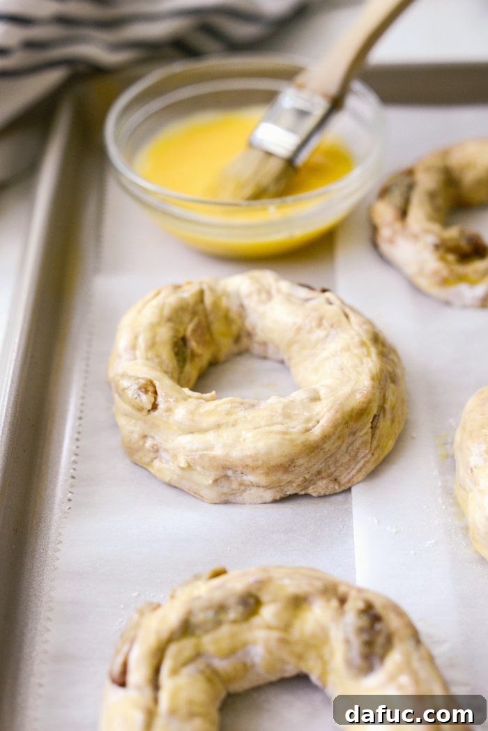 Homemade Air Fryer Cinnamon Raisin Bagels 21 bagels brushed with egg wash.