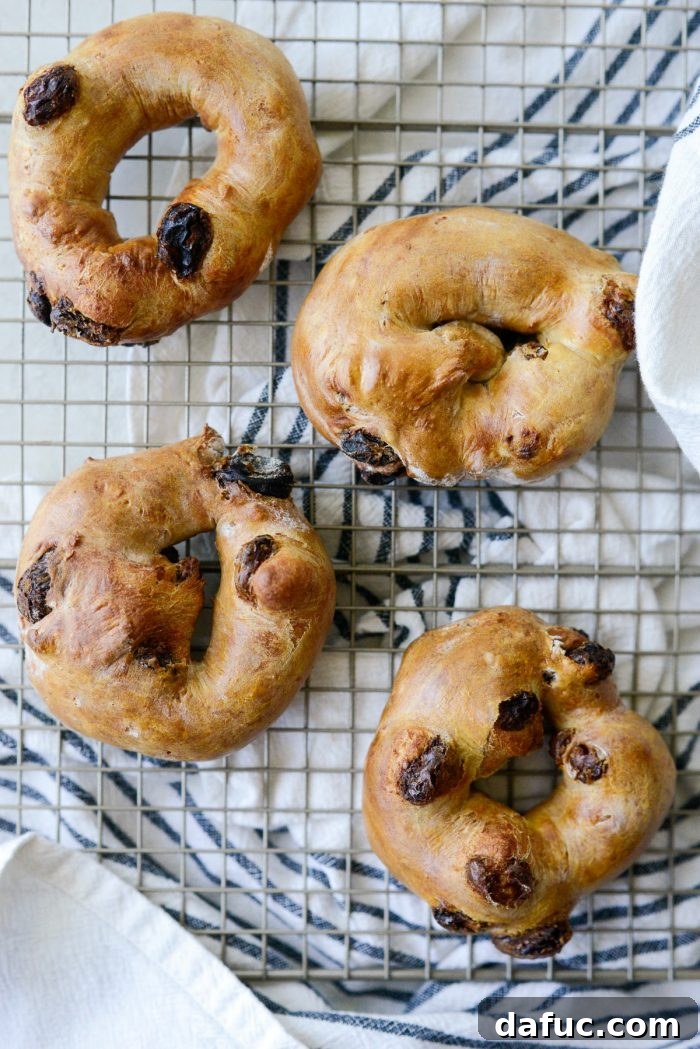Homemade Air Fryer Cinnamon Raisin Bagels 25 bagels on wire rack.