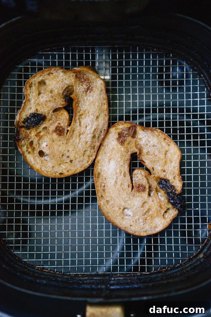 Homemade Air Fryer Cinnamon Raisin Bagels 28 toasted air fryer cinnamon raisin bagel.