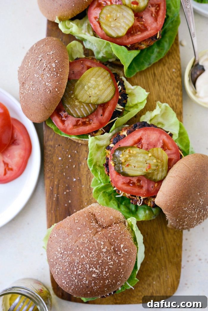 Effortless Weeknight Turkey Burgers 11 Side view of a turkey burger with toppings