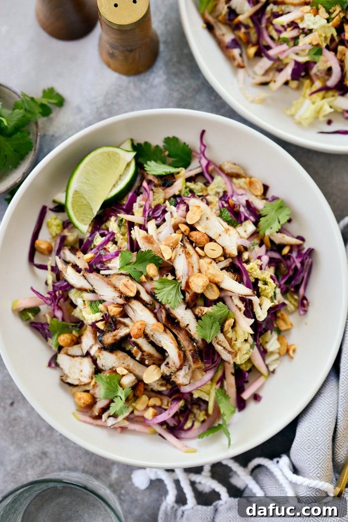 Vibrant Grilled Thai Chicken Salad 2 Generous bowl of Grilled Thai Chicken Salad with grilled chicken slices, purple and Napa cabbage, green apple, red onion, cilantro, mint, and lime wedges.