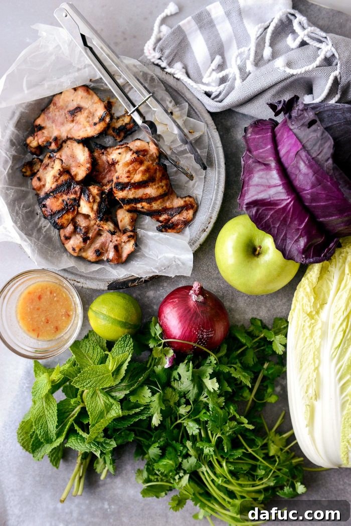 Vibrant Grilled Thai Chicken Salad 11 Fresh salad ingredients laid out: purple cabbage, Napa cabbage, green apple, red onion, cilantro, mint, and lime.