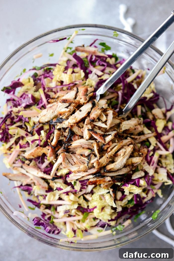 Vibrant Grilled Thai Chicken Salad 15 Thinly sliced grilled Thai chicken being added to the large bowl of salad ingredients.
