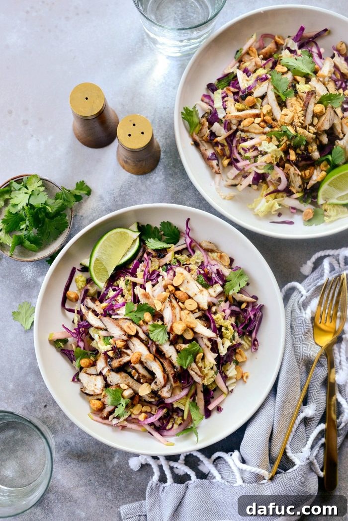Vibrant Grilled Thai Chicken Salad 17 Plated Grilled Thai Chicken Salad, garnished with fresh cilantro and chopped roasted peanuts, ready to serve.