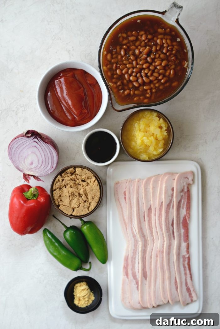 One Pot Wonder Baked Beans 4 a flat lay showing all the fresh and canned ingredients neatly arranged for one pot wicked baked beans
