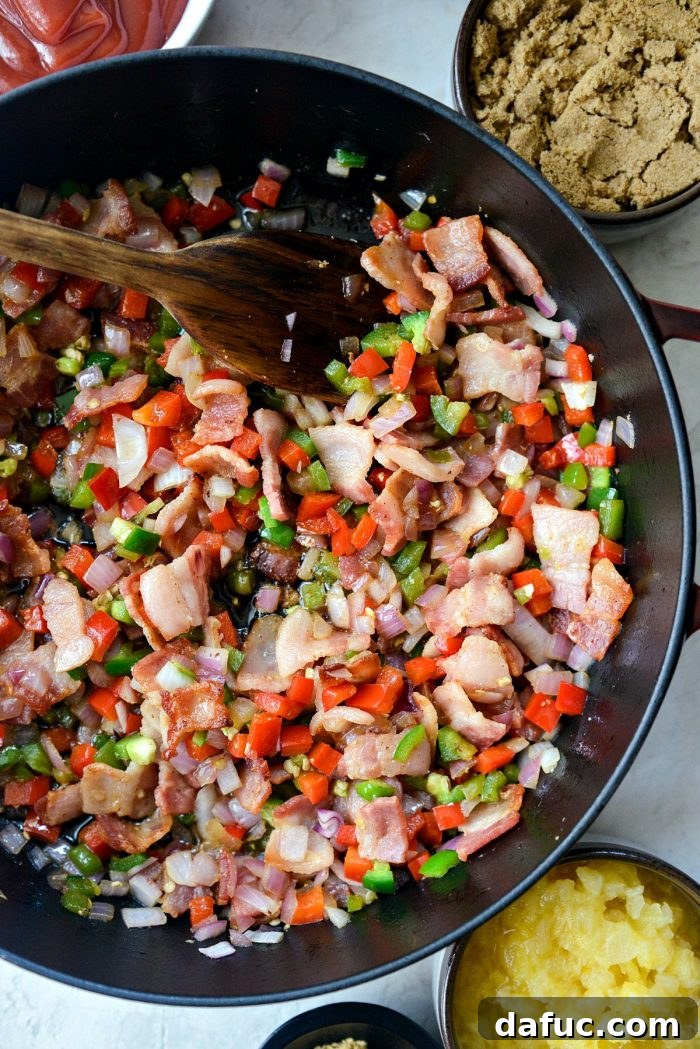 One Pot Wonder Baked Beans 9 sautéed vegetables in the skillet, tender and aromatic