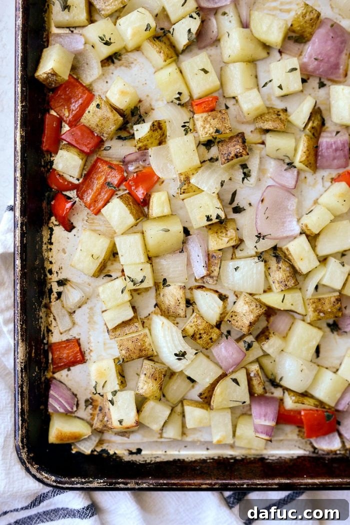 Smoked Brisket Breakfast Hash 7 Perfectly roasted potatoes, peppers, and onions on a sheet pan, golden and crisp.