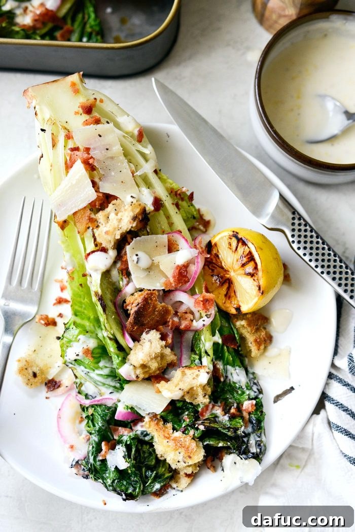 Final close-up shot of Grilled Romaine Salad, emphasizing texture and vibrant colors