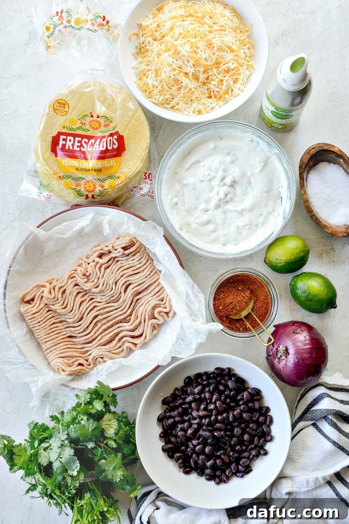 Ingredients for air fryer chipotle chicken black bean tacos laid out on a kitchen counter, including ground chicken, black beans, tortillas, cheese, and seasoning.