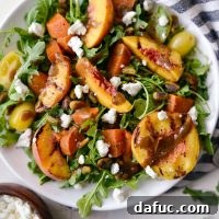 Sweet and Savory Peach Sweet Potato Arugula Salad 11 A delicious Grilled Peach Sweet Potato Arugula Salad recipe, ready to be pinned