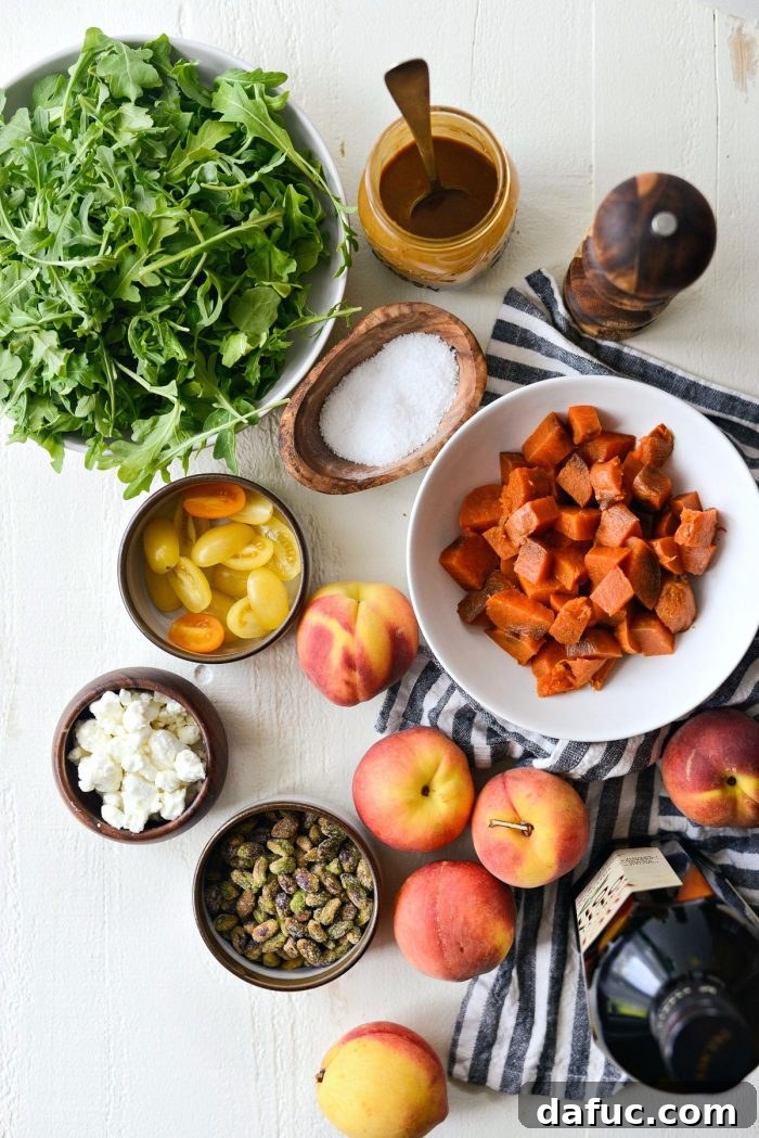 Sweet and Savory Peach Sweet Potato Arugula Salad 4 Fresh ingredients laid out for Grilled Peach Sweet Potato Arugula Salad