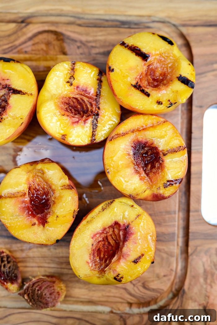 Sweet and Savory Peach Sweet Potato Arugula Salad 8 Perfectly grilled peach halves with beautiful grill marks