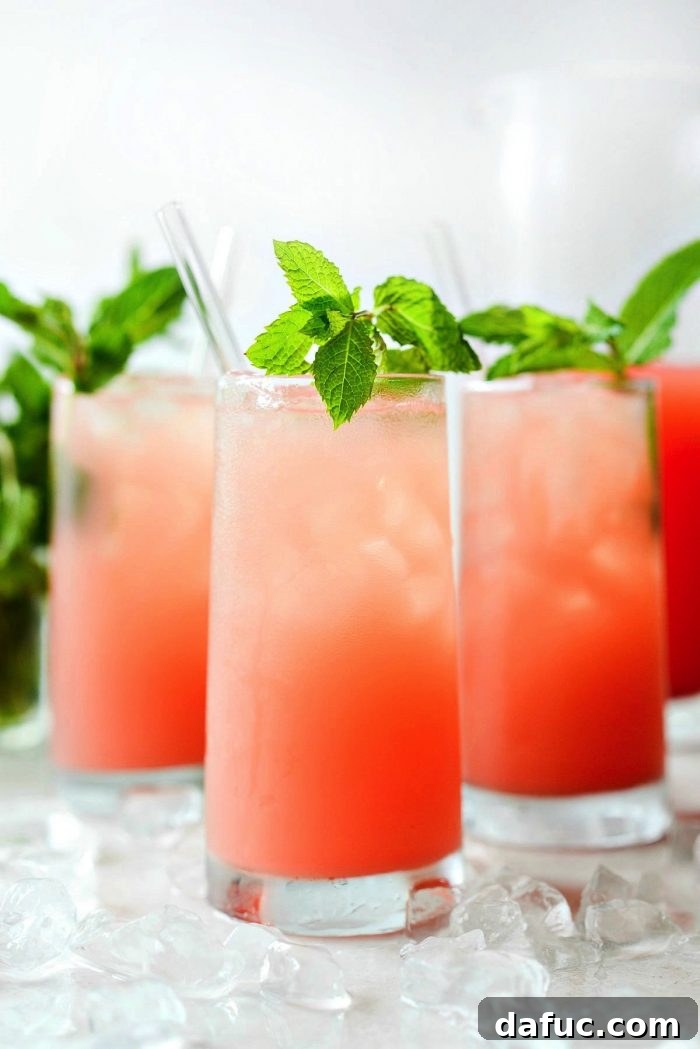 Glasses filled with vibrant red watermelon lemonade, garnished with fresh mint leaves.