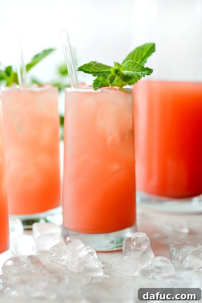 A glass of watermelon lemonade garnished with fresh mint, highlighting the refreshing nature of the drink.