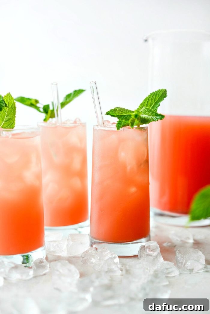 Fresh mint sprig nestled in a glass of vibrant watermelon lemonade, ready to be enjoyed.