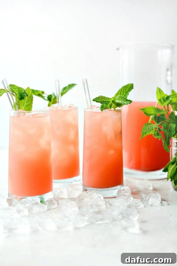 Watermelon lemonade served in tall glasses with mint garnish, set on a rustic wooden surface.